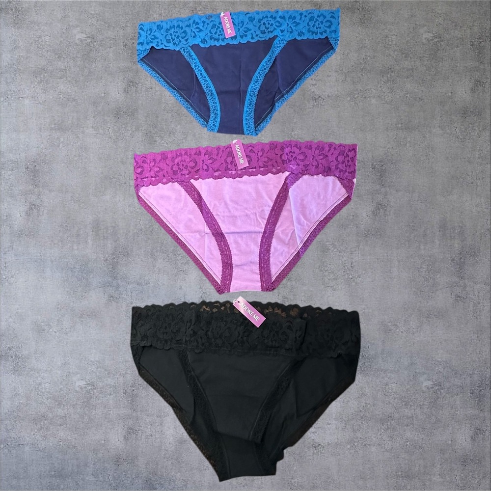 Adore Me Hipster Panties Womens 0X Blue Purple Black NEW 3pk Lace Trim PA-11061